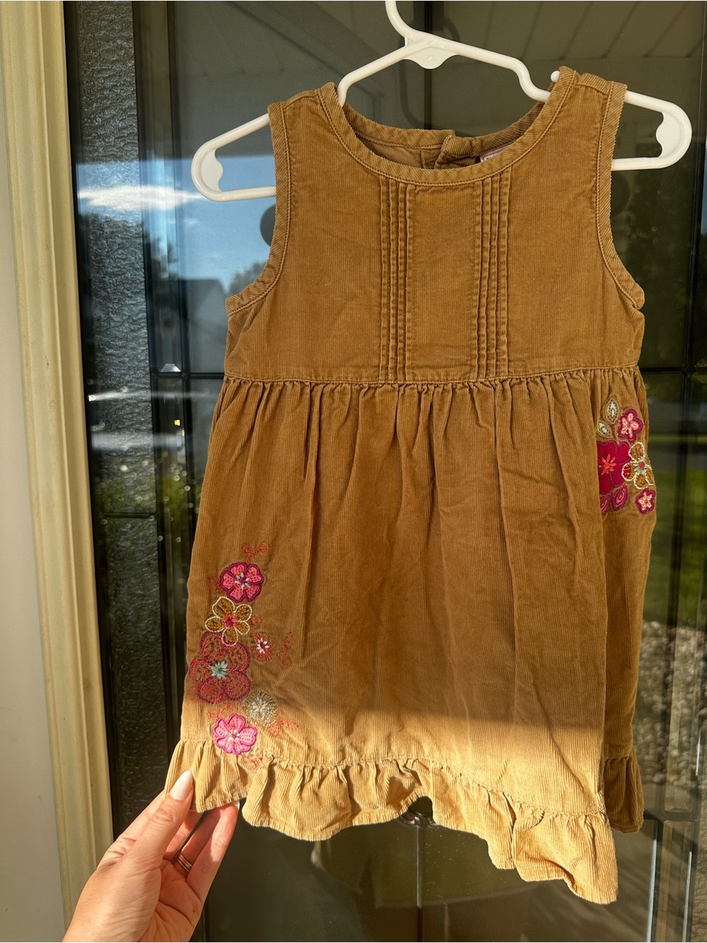 Y2K Old Navy Girls Corduroy Sleeveless Dress with Floral Embroidery - Brown